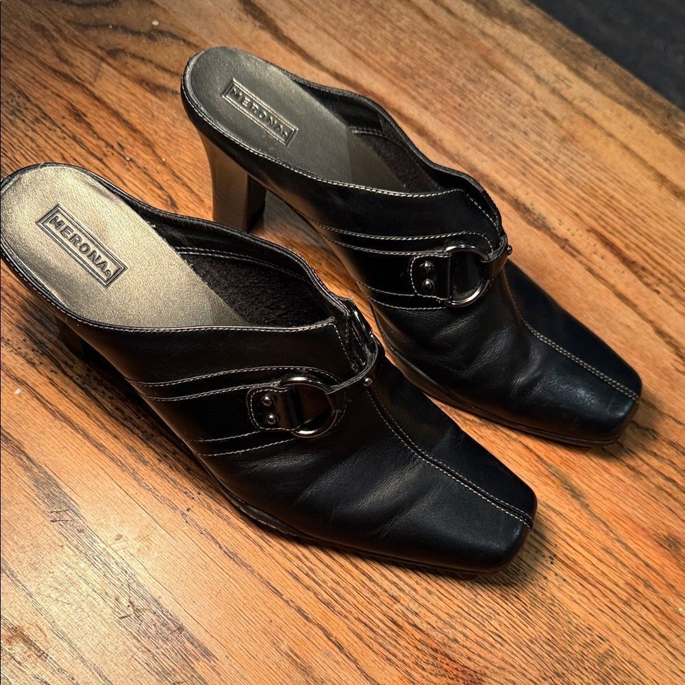 Merona Black Leather Mules withโBuckle Detail
